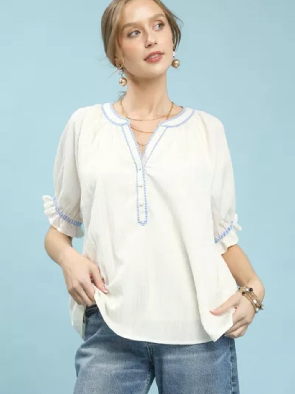 Umgee Textured Split Neck Puff Sleeve Top